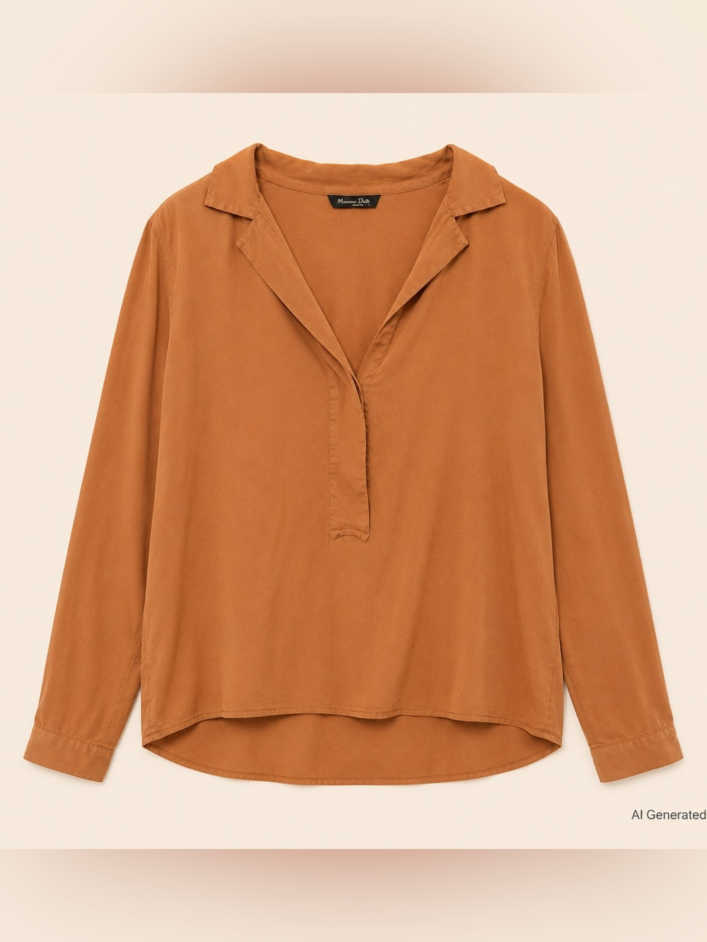 Massimo Dutti Rust Orange Silk Collared Long-Sleeve V-Neck Blouse